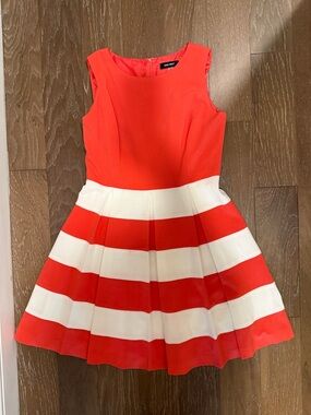 Nine West Red & White Striped Sleeveless Fit-and-Flare Lined Dress Pleated skir